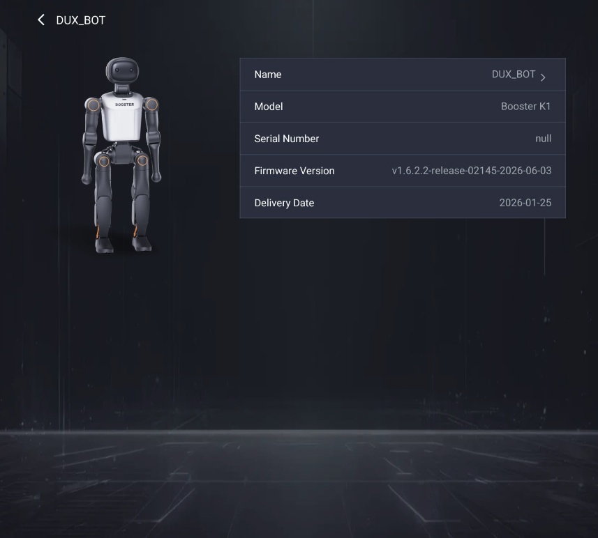 The real K1: the DUX_BOT admin screen — Booster K1, firmware v1.6.2.2.